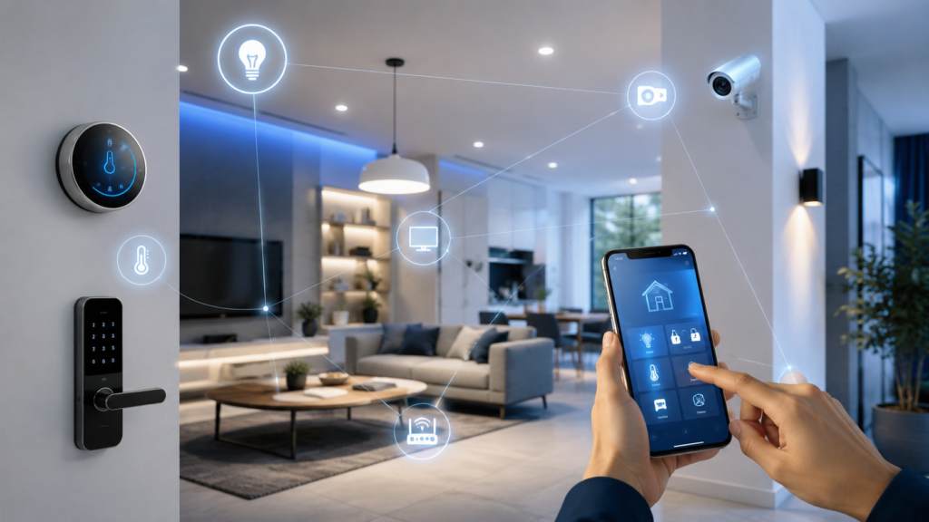 Casa inteligente con dispositivos IoT y domótica controlados desde un teléfono móvil